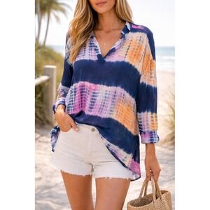 Lucy Love Tie Dye Tunic Top Oversized High Low Navy Pink Size Medium Boho Blouse